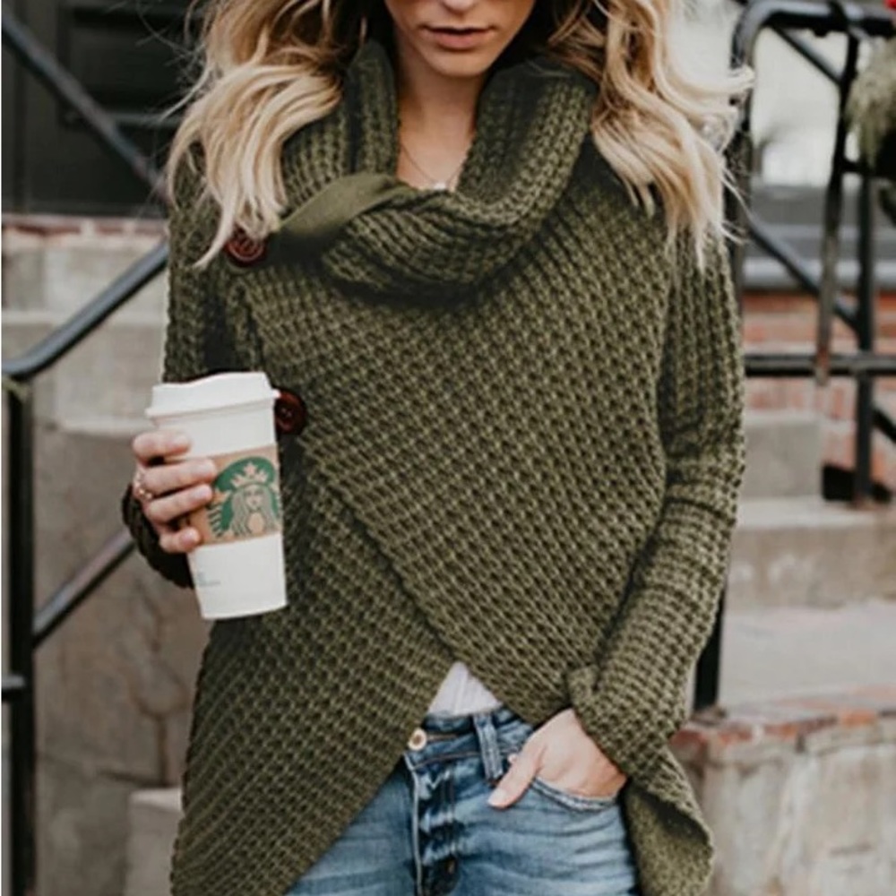 women poncho knit pullover sweater wrap cardigan wood button closure